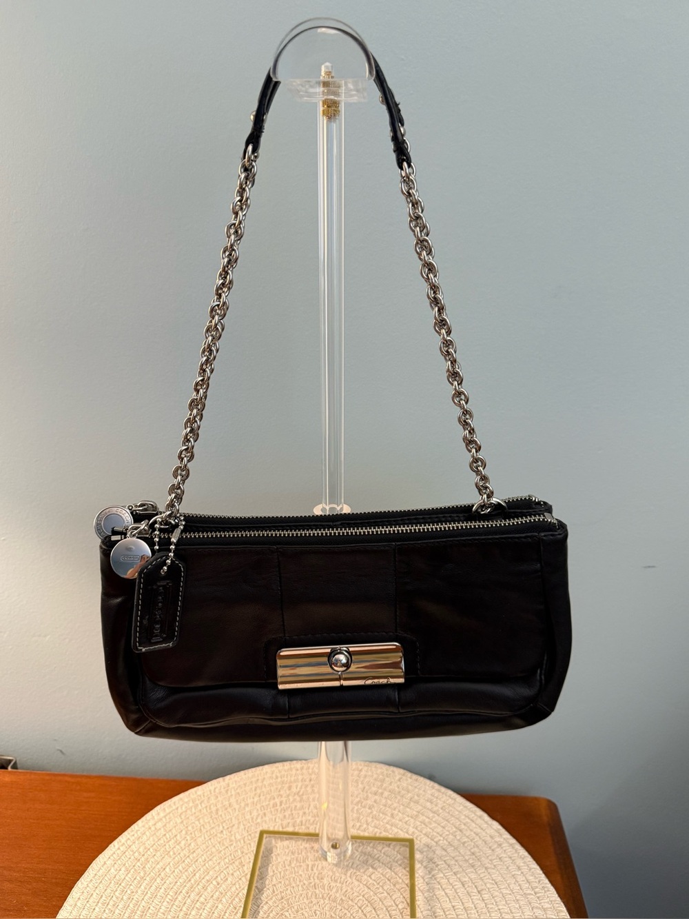Coach Kristin Willow Black Leather Shoulder Bag with Silver Chain